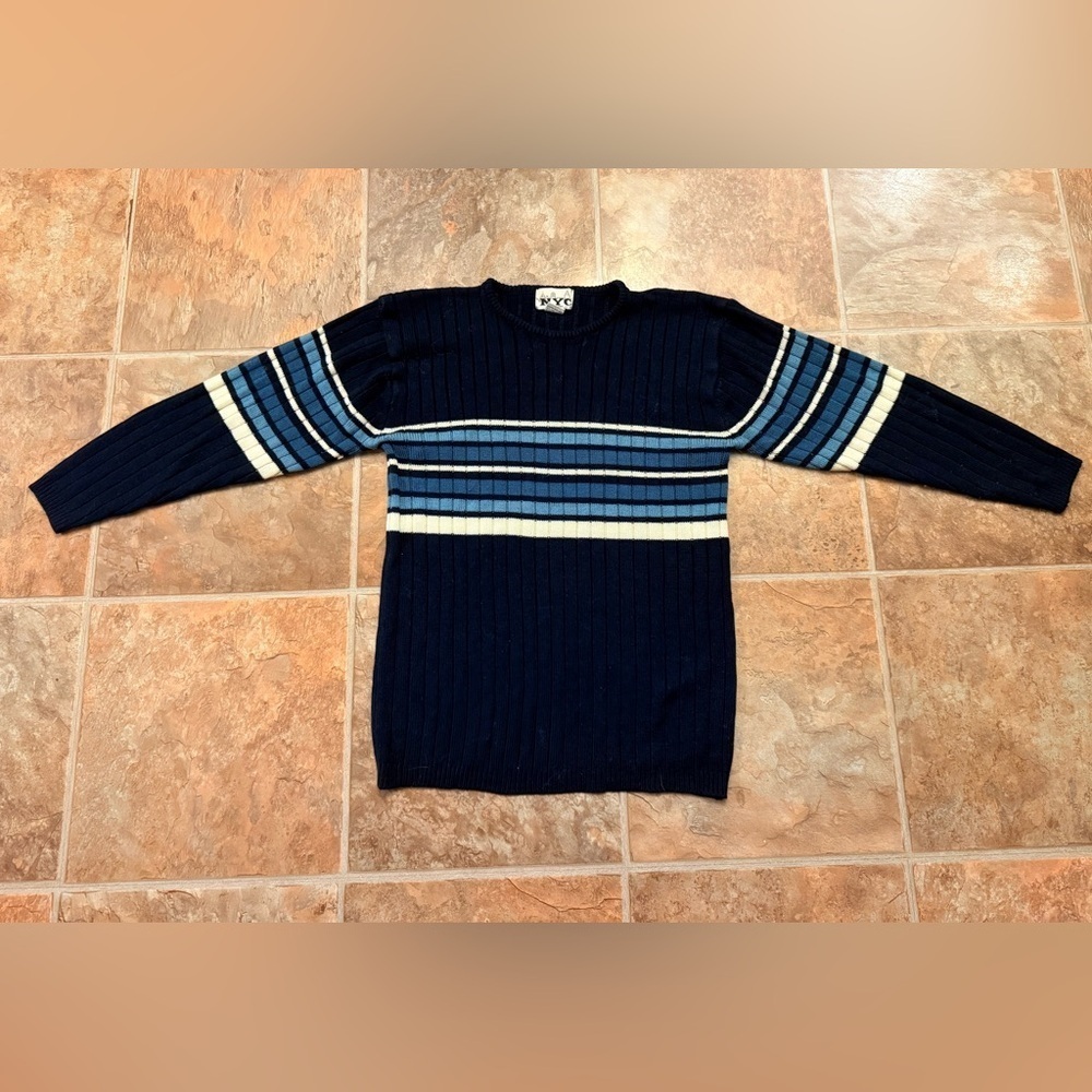 NYC Collection Navy Blue White Striped Ribbed Sweater Women’s Size M Retro Y2K - Picture 3 of 6